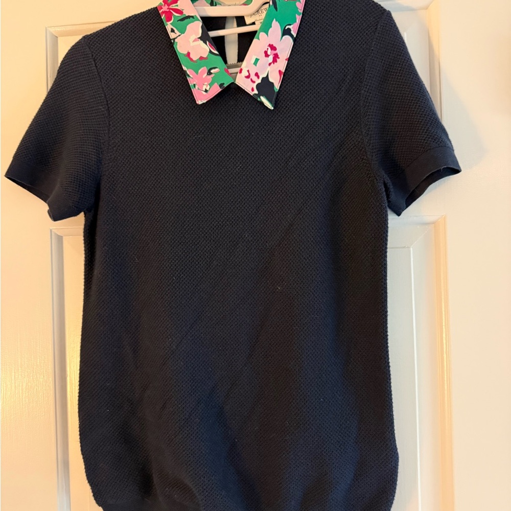 J. Crew Navy Knit Top with Beautiful  Floral Collar
